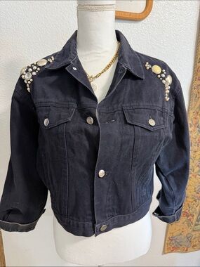 Squeeze Black Embellished Cropped Denim Jacket